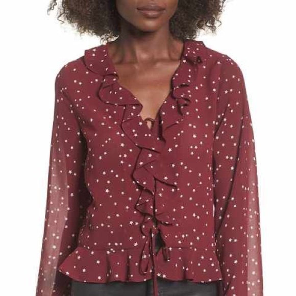 ELODIE red star print ruffle lace-up top SZ S - Picture 2 of 8